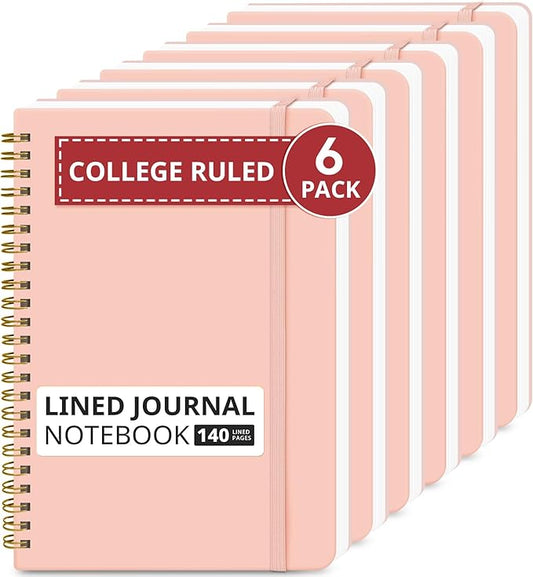 Taja Lined Spiral Journal Notebook for Work, 6 Pack, 140 Pages, College Ruled Hardcover Notebook Journal for Women, 6 Pcs, Journals for Writing, A5(6"x8") - Pink-DeskLoop Office