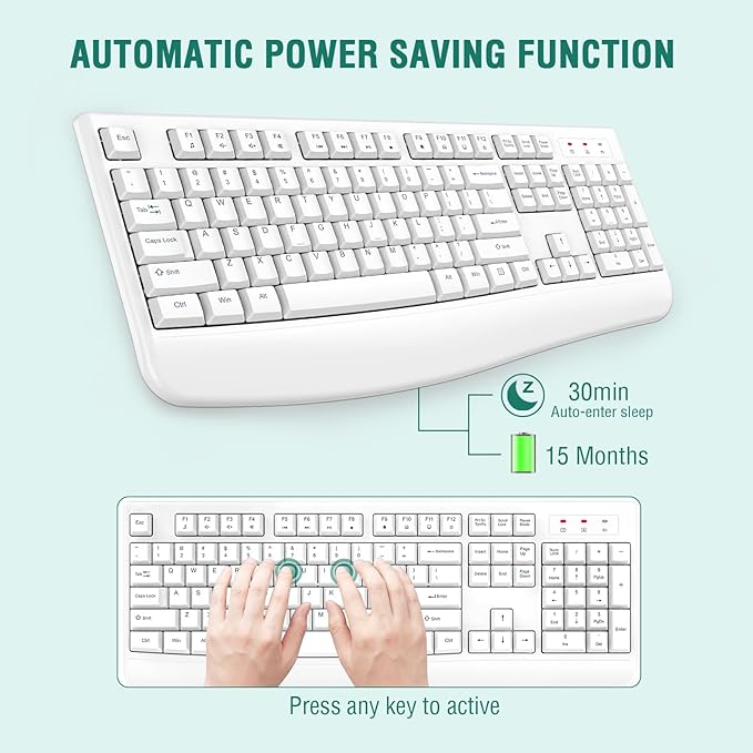 EDJO Wireless Keyboard, 2.4G Ergonomic Full Size Wireless Computer Keyboard with Wrist Rest for Windows, Mac OS Desktop/Laptop/PC（White）-DeskLoop Office