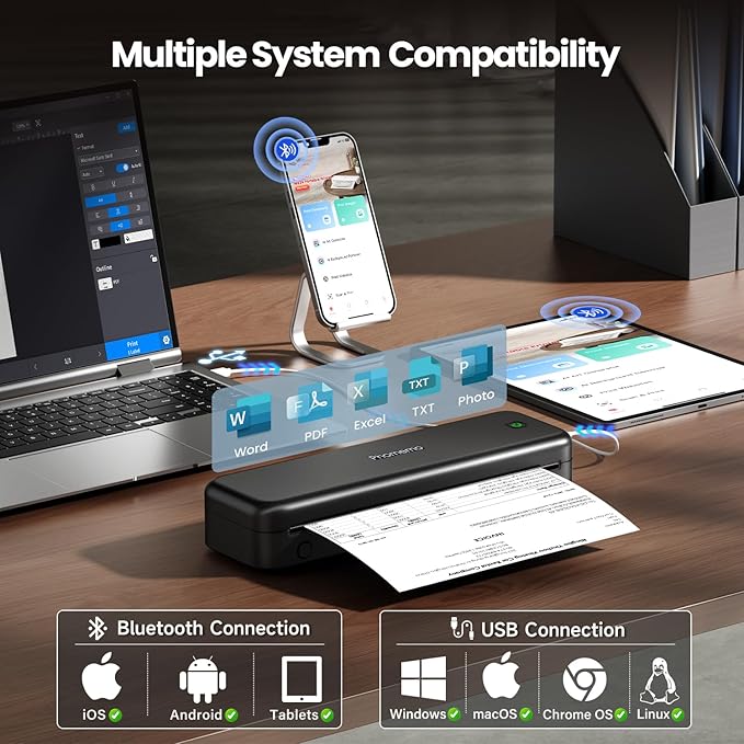 Phomemo Portable Printers Wireless for Travel Upgraded, M834 Bluetooth Thermal Printer 8.5" x 11"& A4 Size,Inkless Mobile Printer with Carry Case for Travel,Office,School,Car,Home,Black-DeskLoop Office