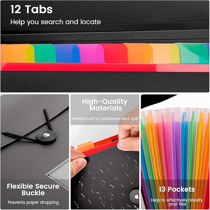 13 Pocket Expanding File Folder Accordian File Organizer, A4 Letter Size Paper - Image 3