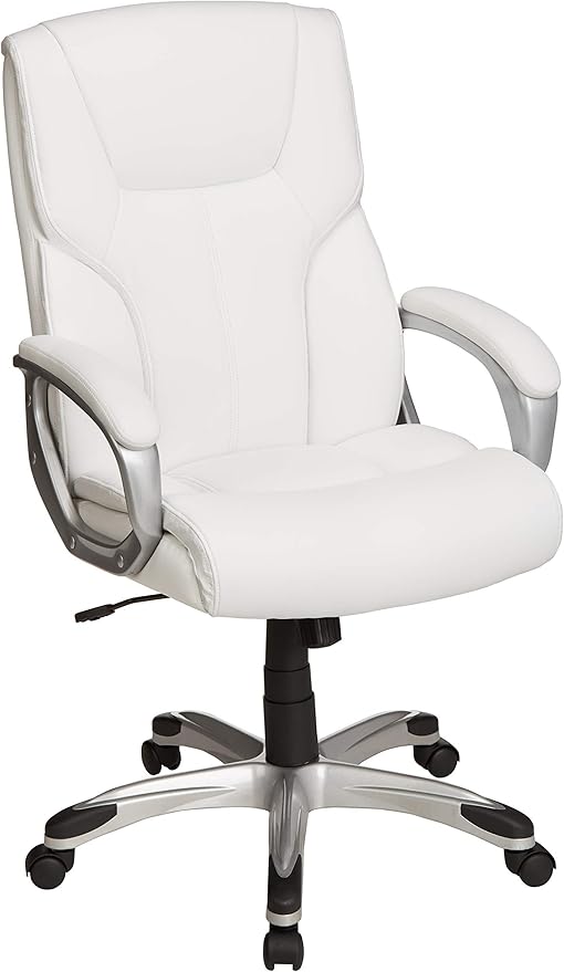 Amazon Basics Executive Home Office Desk Chair with Padded Armrests, Adjustable Height and Tilt, Rolling Swivel Chair, 275 Pound Capacity, White and Pewter-DeskLoop Office