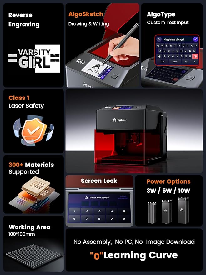 AlgoLaser 5W Smart Laser Engraver Machine: Portable Laser Engraver with 3.5" Touchscreen & 2.0 AlgoOS System - Hand Draw/Wireless Transmission/SD Card/Offline - Laser Engraving for Wood, Leather-DeskLoop Office