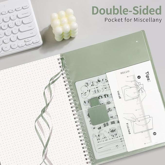AHGXG Bullet Dotted Journal - Dot Grid Spiral Notebook B5, 140 Pages, 100 GSM Thick Paper, Waterproof Plastic Cover Journals for Bullet Journaling, Sketching, 7.6" x 10", Sage Green-DeskLoop Office