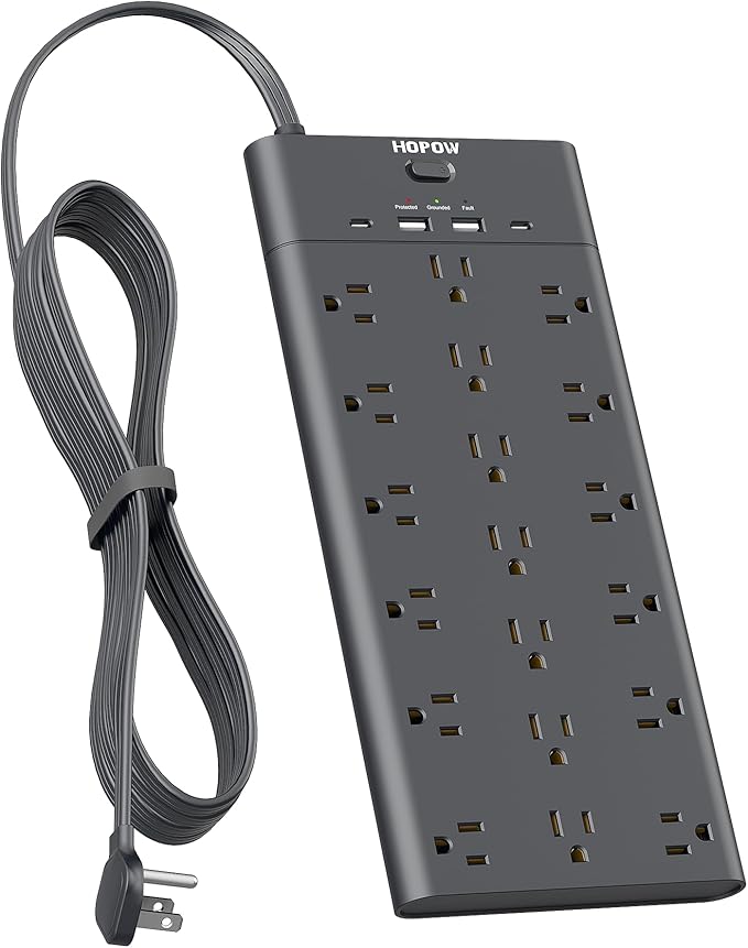 Flat Plug Power Strip, Surge Protector with 19 Outlets and 4 USB Ports, HOPOW 6 Ft Heavy Duty Extension Cord, 1875W, 2100J Surge Protection, Wall Mount for Home, Office, Gaming Room, Dorm, Black-DeskLoop Office