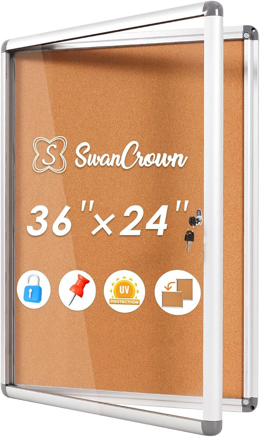 SWANCROWN Enclosed Bulletin Board 36x24 in, Tamperproof Lockable Cork Board Wall Display Case for Office School Home, Aluminum Frame-DeskLoop Office