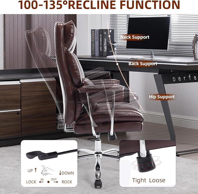 Big and Tall Office Chair 500lbs Wide Seat Executive Office Desk Chair High-Back Office Task Chair, Ergonomic Lumbar Support Computer Office Chairs for Heavy People(Brown)-DeskLoop Office