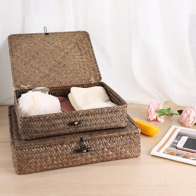 Hipiwe Set of 2 Flat Woven Wicker Storage Bins - Image 2