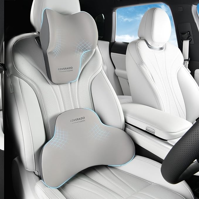 Coverado Lumbar Support and Car Neck Pillow, Ergonomic Memory Foam Desk Chair Cushion and Headrest Pillow for Car Office Chair, Sciatica & Neck & Tailbone Cushion-Black&Gray-DeskLoop Office