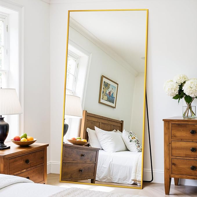 Full Length Mirror, 71"x32" Oversized Floor Mirror Freestanding, Full Body Mirror Floor Standing Mirrors with Stand, Hanging Mounted Mirrors for Bedroom Living Room, Gold, Rect Style-DeskLoop Office