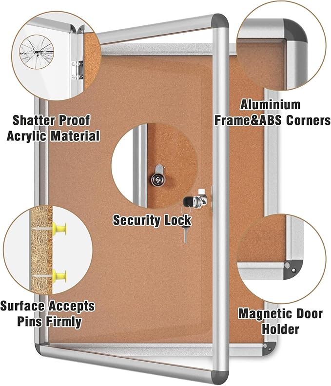 26"x20" Enclosed Bulletin Board, Lockable Weather-Resistant Aluminum Cork Noticeboard for School & Office, Silver Frame w/Cork-DeskLoop Office