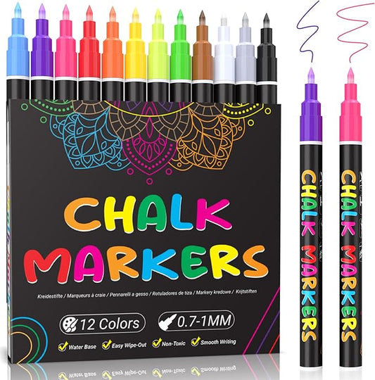 KERIFI Liquid Chalk Markers Fine Tip 1.0 mm, 12 Colors Wet Erase Makers for Chalkboard Calendar, Erasable Chalk Pens for Chalkboard, Blackboard, Bistro, Menu, Glass, Wedding Signs, 45 Labels Included-DeskLoop Office