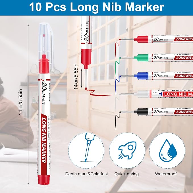 Thboxes 10 Pack Long Nib Marker, 20mm Long Head Deep Hole Markers Waterproof - Image 2