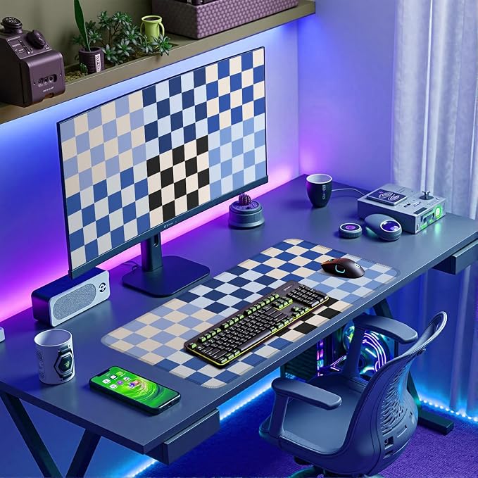 Checkered Desk Mat Blue Large Mouse Pad - Image 3