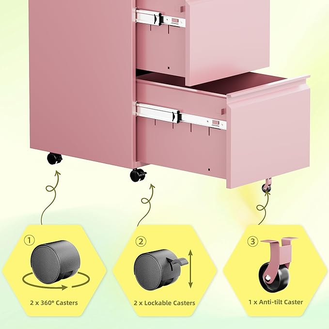 Aobabo Metal 2 Drawer Office File Cabinet with Lock, Under Desk Office Steel Files Cabinet on Wheels, 25.6''H Legal/Letter A4 Size, Fully Assembled Except Wheels,Pink-DeskLoop Office