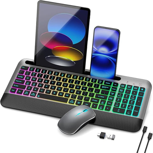 JOYACCESS Wireless Keyboard and Mouse Combo Backlit - Compact Quiet Keyboard with RGB Mouse, Rechargeable, Portable Cordless Keyboard Mouse Set for Mac, Windows, Laptop (Space Gray)-DeskLoop Office