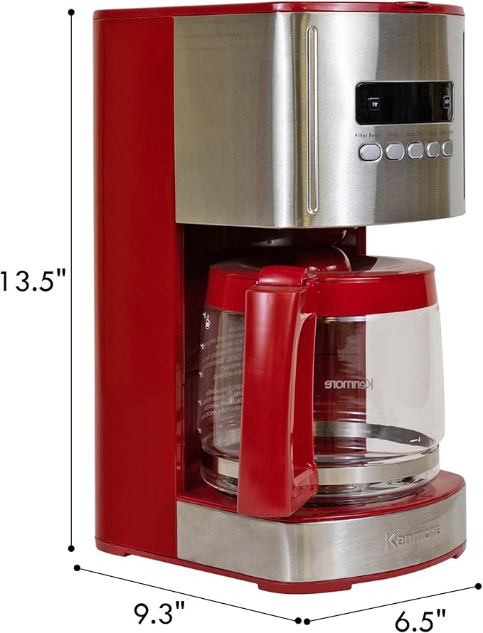 Kenmore Drip Coffee Maker - 12 Cup Programmable Cafe Machine With Glass Pot, Regular & Bold Brew, Auto Shut Off Large Water Reservoir, Reusable Filter, Kitchen Appliances For Cafeteria Barista, Red-DeskLoop Office