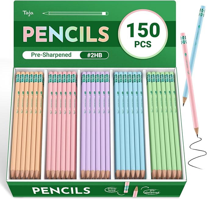 Taja 150 Pack #2 HB Pencils, Bulk Pre-Sharpened Wood-Cased Pencils by Taja
