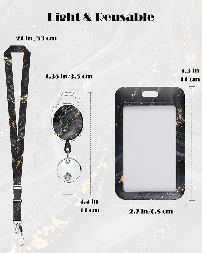 Uniclife Marbling Sliding Badge Holder Black & Gold Marble Pattern Plastic Card - Image 4