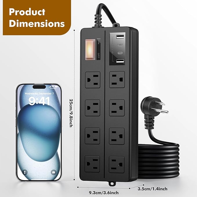 IPX6 Outdoor Power Strip Weatherproof, Waterproof Surge Protector with 8 Wide Outlet with 2A2C USB Ports, 10FT Long Extension Cord, Wall Mountable for Outside Decorations and More UL Listed(Black)-DeskLoop Office