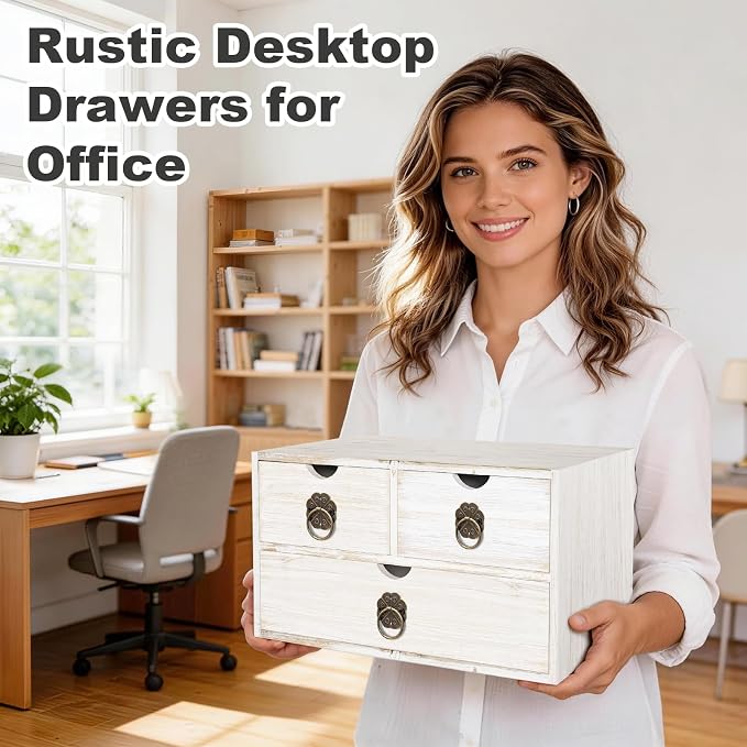 Wood Desk Organizer with Drawer, Tabletop Storage Organization Box - Image 4