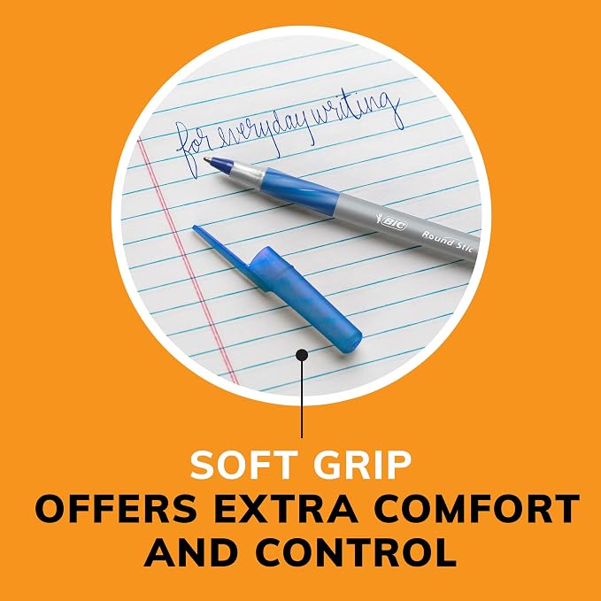 BIC Round Stic Grip Xtra Comfort Blue Ballpoint Pens, Medium Point, 12-Count - Image 8