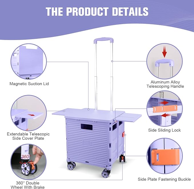 FELICON SELORSS Folding Utility Cart Portable Rolling Crate Handcart-Purple | - Image 3