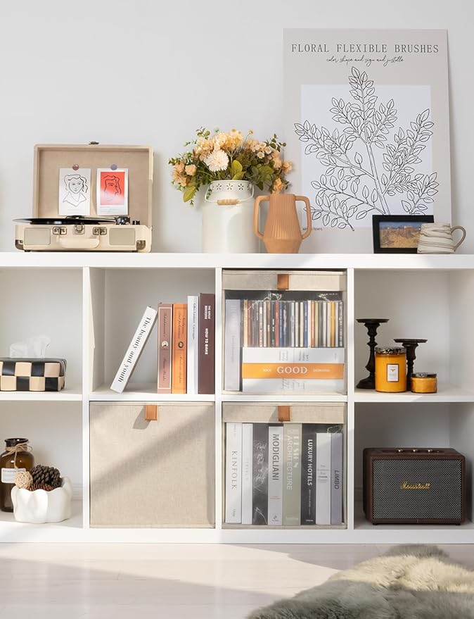 StorageWorks 13x13 Storage Cubes, Closet Storage Bins with Clear Window, Large Fabric Organizer for Clothes, Collapsible Storage Baskets with PU Handles, Brown and Beige, 3-Pack-DeskLoop Office