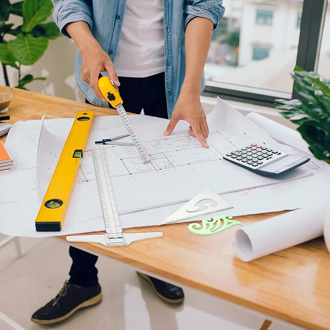 Frienda 5 Pieces Drafting Tools 12 Inch T-Square Ruler Plastic Transparent Drawing Ruler 180 Degree Protractor, 2 Triangles and a French Curve for Students and Engineering Drawing-DeskLoop Office