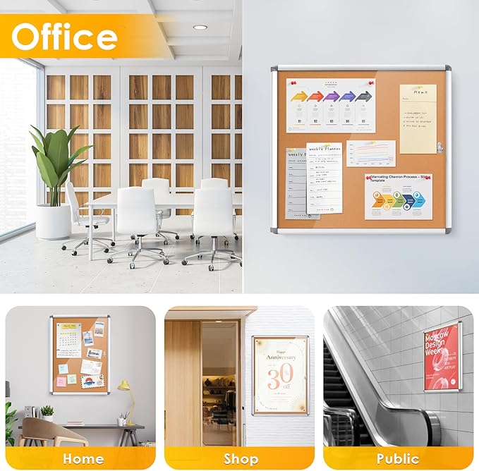 S SWANCROWN Enclosed Bulletin Board 24x18 in, Tamperproof Lockable Cork Board Wall Display Case for Office School Home, Aluminum Frame-DeskLoop Office