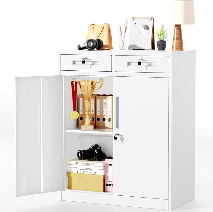 Greenvelly Metal Storage Cabinet, 42' White Steel Garage Cabinet with 2 Doors, Adjustable Shelves, Locking for Office, School or Tool Organization-DeskLoop Office