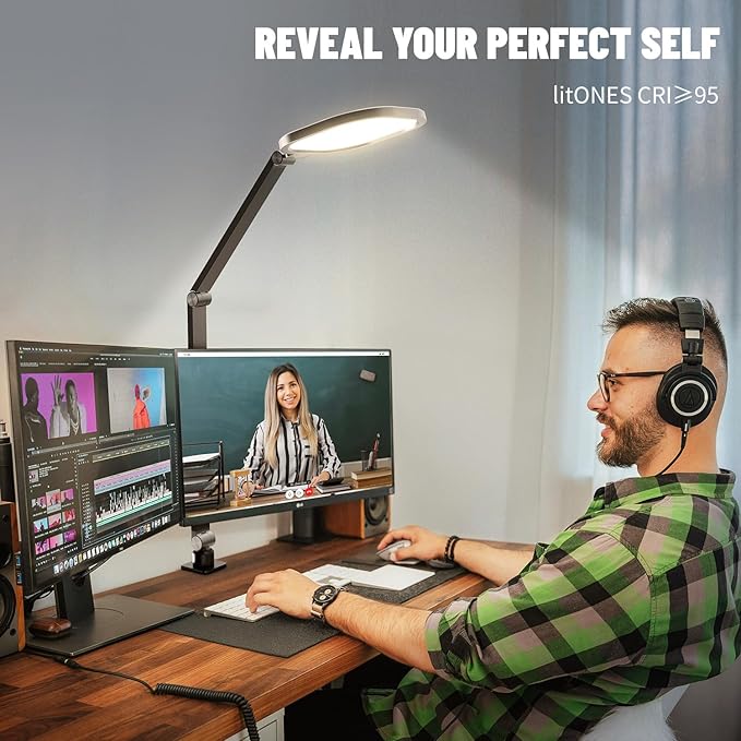 Desk Lights for Home Office, 1200 Lumen LED Desk Lamps with Clamp, Highly Eye-Caring Video Conference Light for Computer, 3 Color 10 Brightness Levels for Ideal Lighting, Remote, Memory & Timer-DeskLoop Office