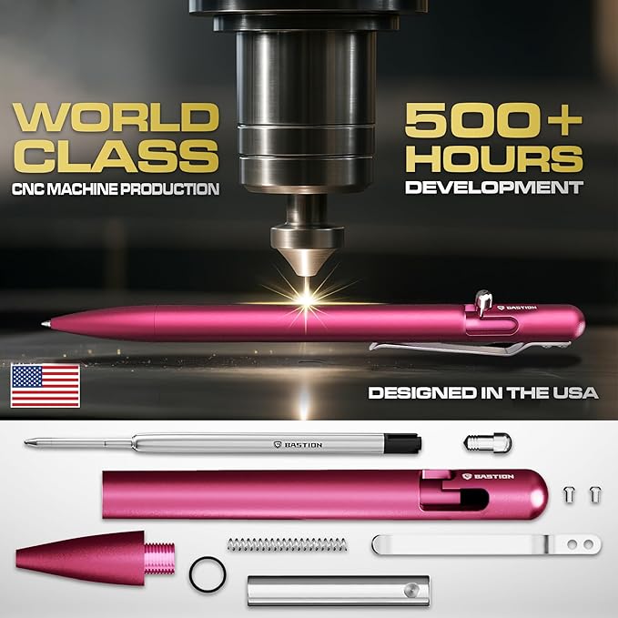 BASTION® Luxury Slim Bolt Action Pen, Lightweight Aluminum EDC Pen with Fine Tip, Professional Ballpoint Pen for School and Work - Pink-DeskLoop Office
