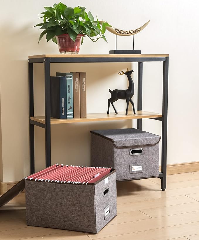 PRANDOM File Organizer Box - Set of 2 Collapsible Decorative Linen Filing Storage Hanging File Folders with Lids Office Cabinet Letter Size (15x12.2x10.75 inch)-DeskLoop Office