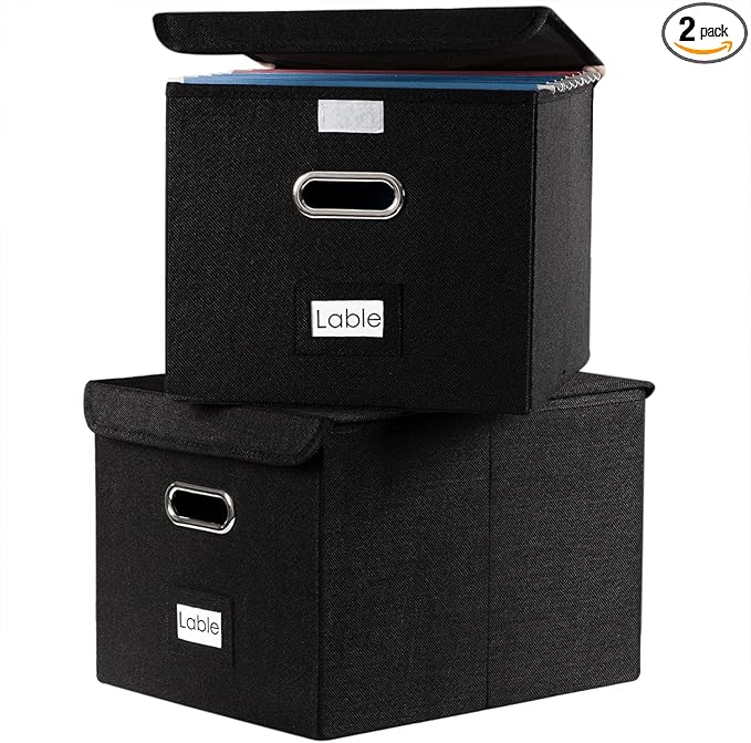 PRANDOM File Organizer Box - Set of 2 Collapsible Decorative Linen Filing Storage Hanging File Folders with Lids Office Cabinet Letter Size Black (15x12.2x10.75 inch)-DeskLoop Office