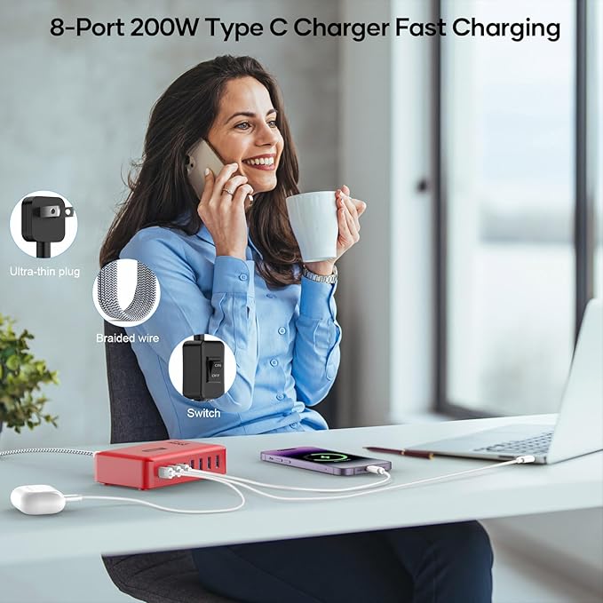 8-Port USB Charger Block 200W with Flat Plug, Braided Power Cord, and On/Off Switch- USB Charging Hub for iPhone, iPad, MacBook and More- 65W C Port Power Adapter for Laptops-DeskLoop Office