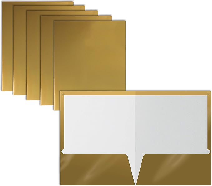 Better Office Products 2 Pocket Glossy Laminated Metallic Gold Paper Folders by BetterOfficeProducts