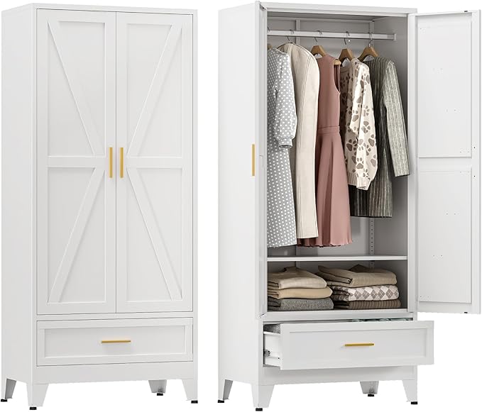 Farmhouse Wardrobe Cabinet with One Drawers,Metal Wardrobe Closet with Hanging Rod,Metal Armoire with Adjustable Shelves for Bedroom,Living Room, Cloak Room,Office (White)-DeskLoop Office