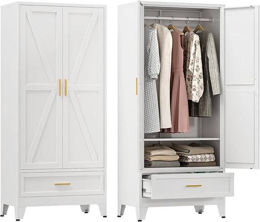 Farmhouse Wardrobe Cabinet with One Drawers,Metal Wardrobe Closet with Hanging Rod,Metal Armoire with Adjustable Shelves for Bedroom,Living Room, Cloak Room,Office (White)-DeskLoop Office