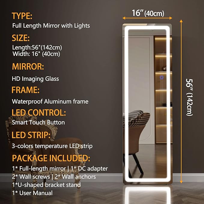 Hasipu Full Length Mirror with Lights, 56" x 16" LED Floor Mirror, Full Body Dressing Standing, Hanging Mounted Mirror for Living Room Bedroom Cloakroom, Round White-DeskLoop Office