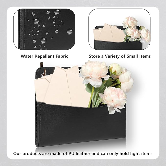 Wall Mount PU Leather Mail Holder Black Faux Leather Letter Holder 2 Ring 9.8" - Image 3