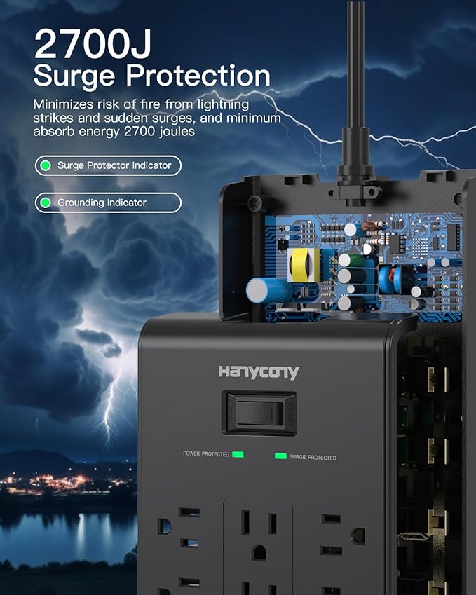 Extension Cord 15 Ft, HANYCONY Power Strip with 16 Oultets 4 USB Ports(2 USB C), 2700 Joules Heay Duty Surge Protector, Flat Plug, Wall Mount for Home Office, ETL Listed, Black-DeskLoop Office