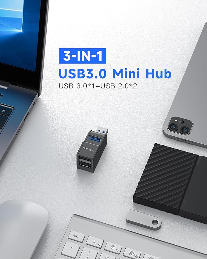 FORIDA 3 Ports USB 3.0 Adapter, USB Hub with 1 USB 3.0 and 2 USB 2.0 Ports, Portable USB Port Splitter for Keyboard, Mobile Hard Disk, U Disk, Camera, Mouse, etc (Black)-DeskLoop Office