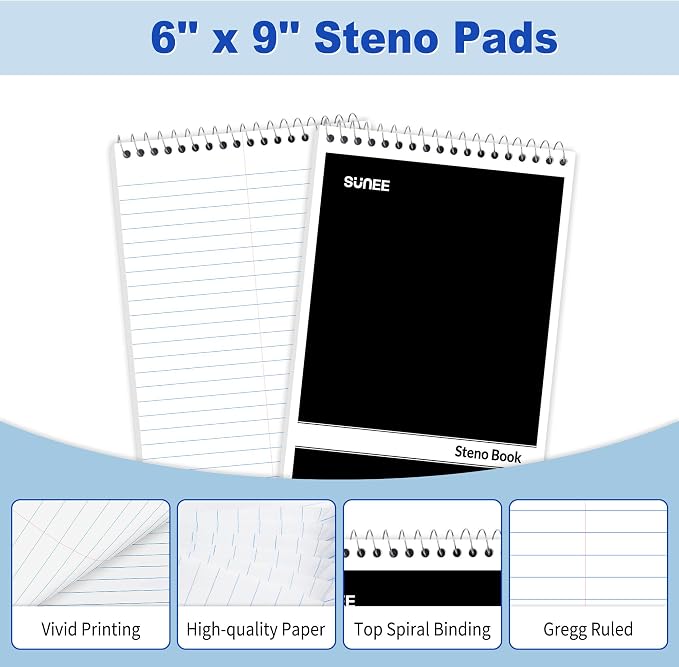 SUNEE 12 Pack Steno Pads 6x9, Gregg Rule, 60 Sheets, Spiral Notebook 6x9 - Image 3