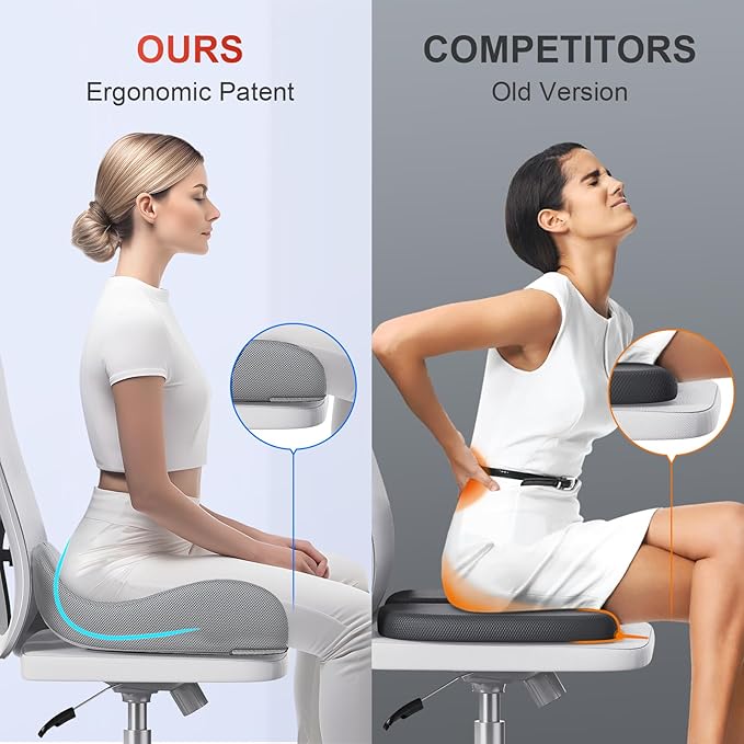 Benazcap X Large Memory Seat Cushion for Office Chair Ergonomic Cushions Pad Pillow for Pressure Relief Sciatica & Pain Relief Memory Foam for Long Sitting for Gaming Chair and Car Seat Gray-DeskLoop Office