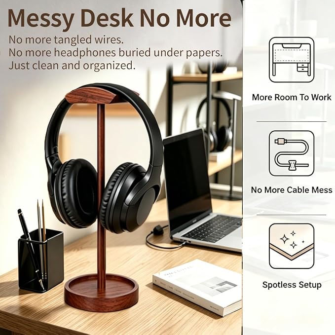 Headphone Stand Nature Wood Headset Hanger Mount Hook Gaming Holder Desktop - Image 4