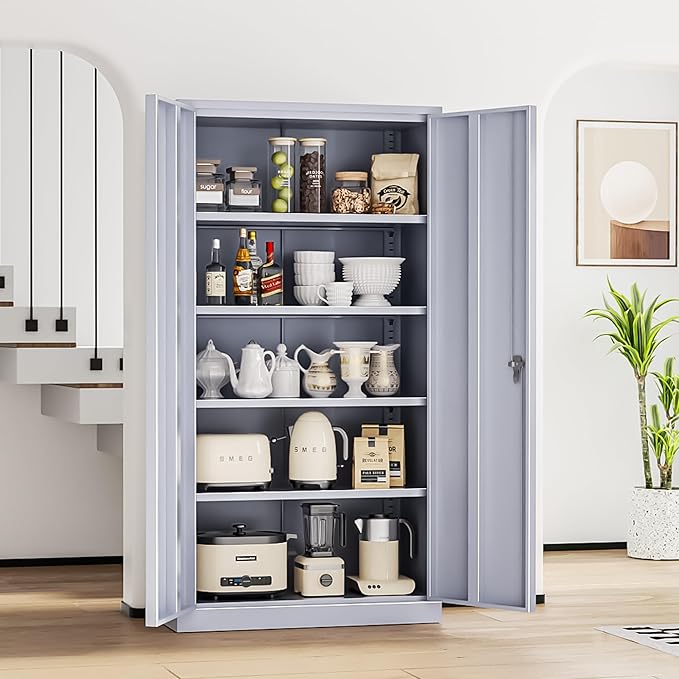 INTERGREAT Tall Metal Storage Cabinet Locking Steel with 4 Adjustable Shelves,72" Lockable Cabinets Lock 2 Doors for Office Garage Supply Home (Cement Gray)-DeskLoop Office