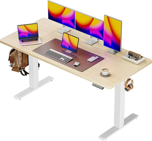 Huuger 55 x 28 Large Electric Standing Desk, Height Adjustable Desk, 27.6" Deep Desktop, Stand up Gaming Computer Office Desk with 2 Hooks, 3 Preset Heights, for Home Office, Natural-DeskLoop Office