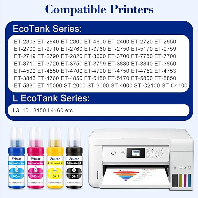 Pristar Sublimation Ink for EPS Ecotank ET 2803 ET-2800 ET-4800 ET-2850 2840 ET-2710 ET 2720 ET 2760 ET-15000 ET-3760 ET-2400 ET-2750 5170 400 ml Supertank Printer Autofill Ink for Sublimation Transfe-DeskLoop Office