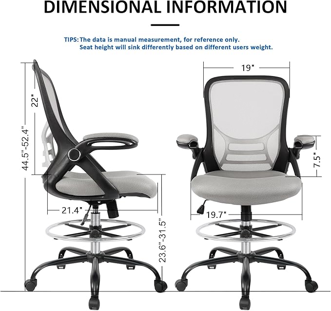 HYLONE Drafting Chair, Tall Office Chair Standing Desk Chair Grey Mesh High-Back Drafting Stool with Flip-Up Arms, Adjustable Foot Ring-DeskLoop Office