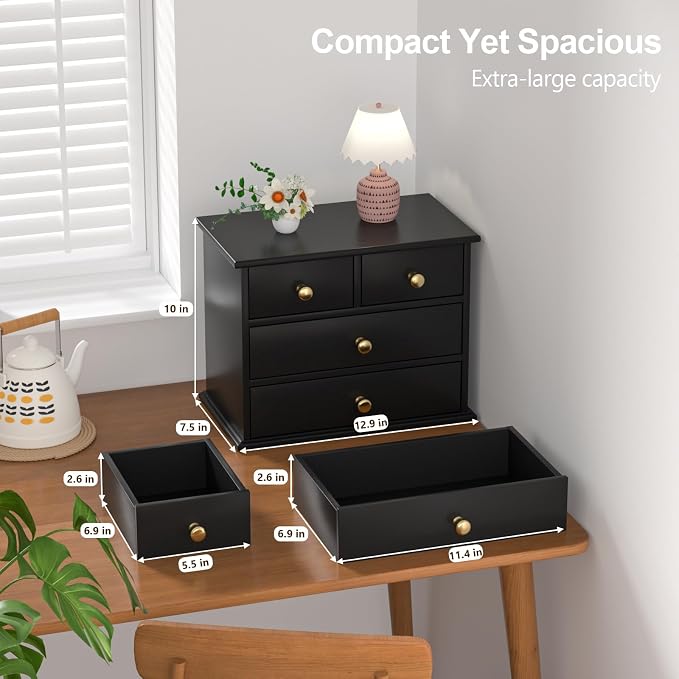 Oak Desk Organizer with Drawers, Durable Wooden Desktop Storage Box with Metal - Image 2
